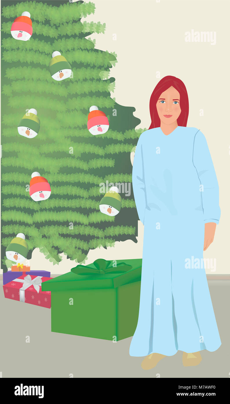 Portrait of a woman standing in front of a Christmas tree Stock Photo ...