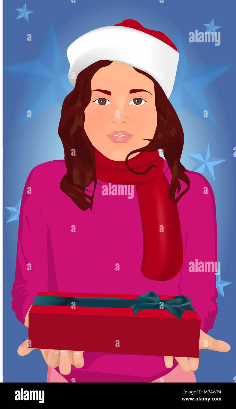Portrait of a woman holding a Christmas present Stock Photo - Alamy