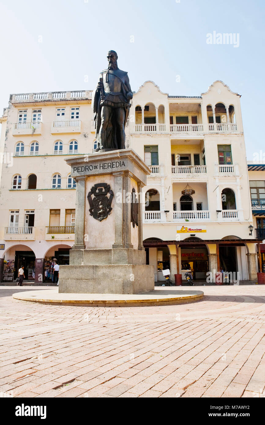 Statue of Pedro De Heredia, Plaza De Los Coches, Cartagena, Bolivar, Colombia Stock Photo