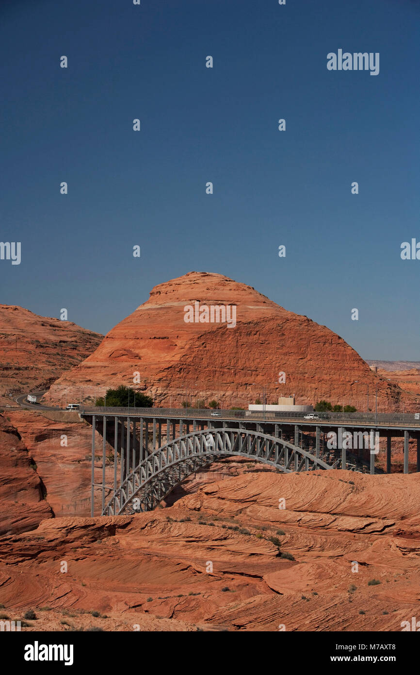 Arch bridge across a river, Glen Canyon Dam Bridge, Lake Powell, Colorado River, Page, Arizona, USA Stock Photo