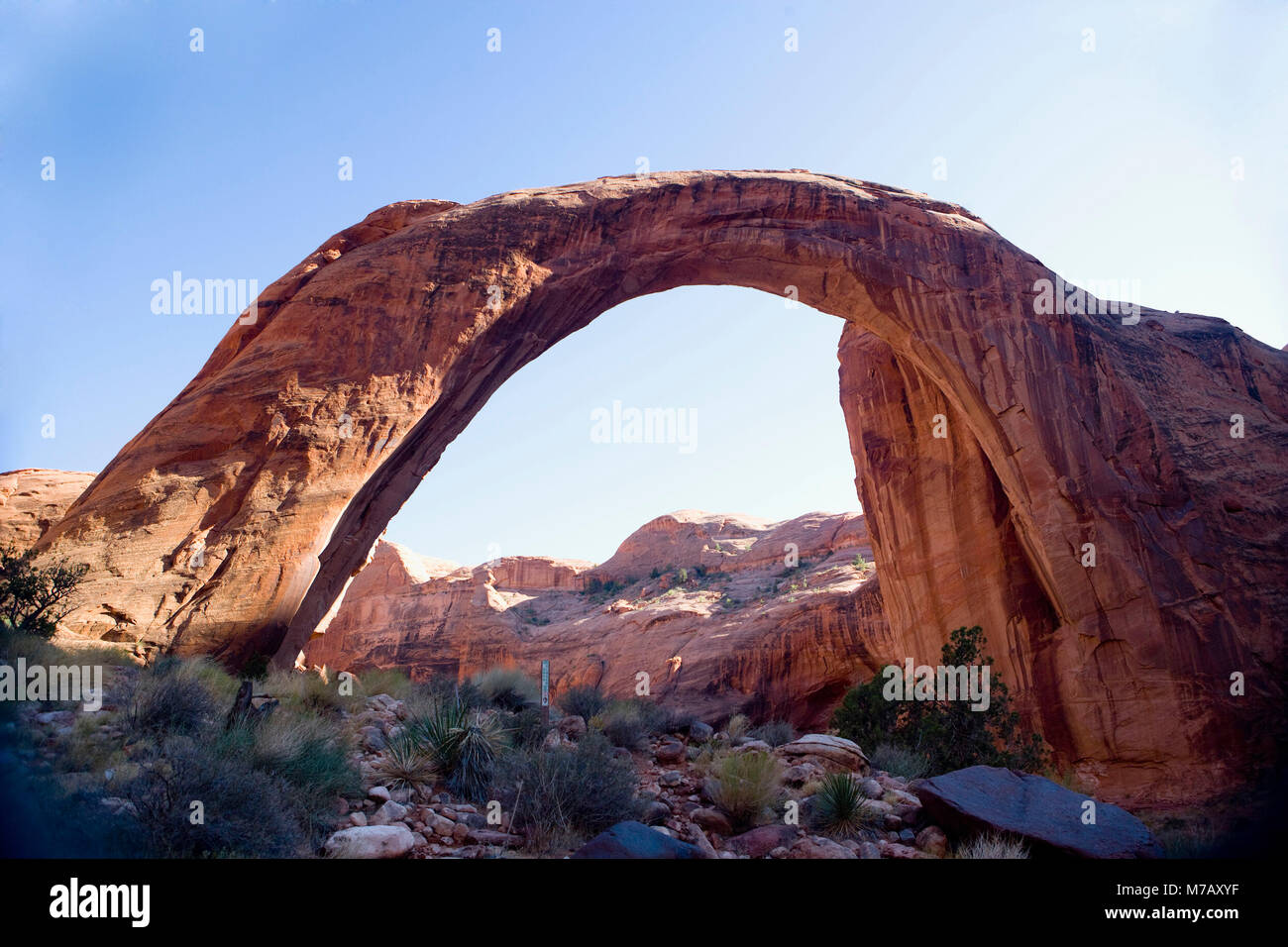 Natural arch on an arid landscape, Rainbow Arch, Lake Powell, Rainbow Bridge National Monument, Glen Canyon National Recreation Area, Utah, USA Stock Photo