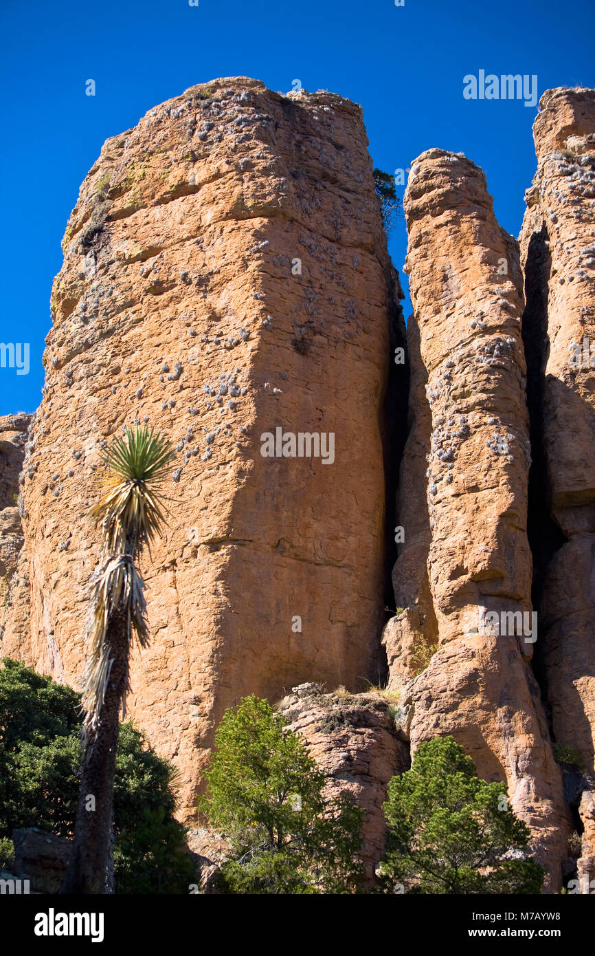 Low angle view of rock formations, Sierra De Organos, Sombrerete, Zacatecas State, Mexico Stock Photo