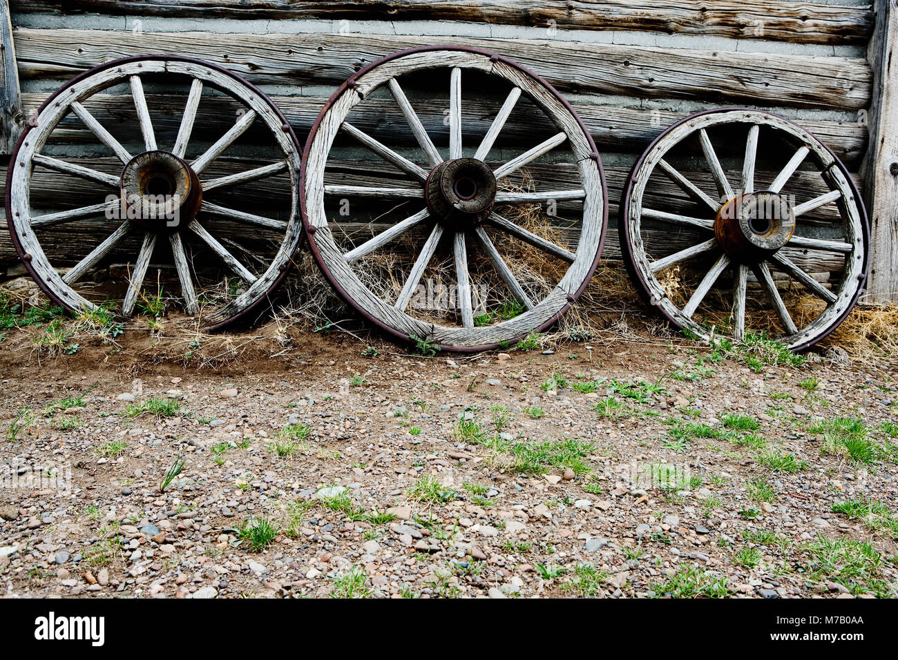 Abandoned wagon wheels in a ghost town, Old Trail Town, Cody, Wyoming, USA Stock Photo
