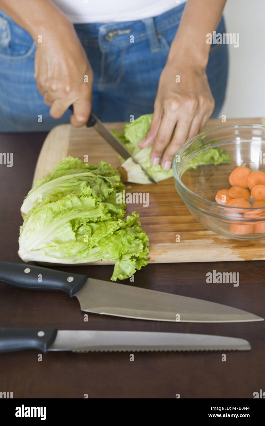 Mid section view of a woman chopping lettuce Stock Photo Alamy