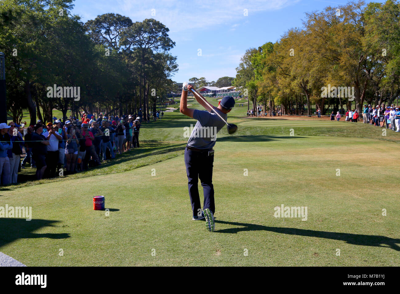 Palm Harbor, Florida, USA. 9th Mar, 2018. DOUGLAS R. CLIFFORD | Times.Corey Conners drives the 18th fairway while playing the Copperhead Course on Friday (3/9/18) during the second round of the Valspar Championship at the Innisbrook Golf and Spa Resort in Palm Harbor Credit: Douglas R. Clifford/Tampa Bay Times/ZUMA Wire/Alamy Live News Stock Photo