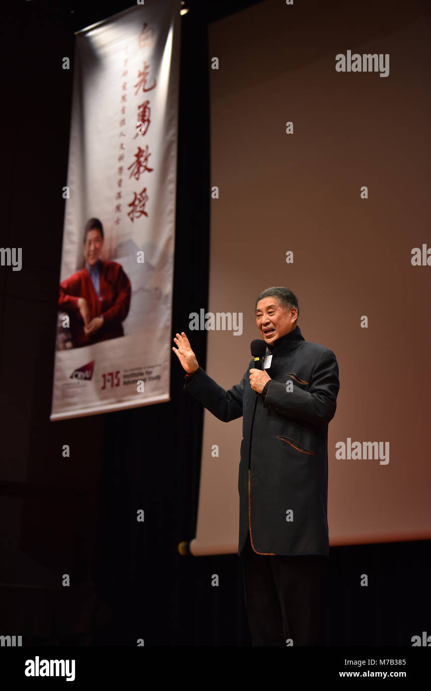 Hong Kong. 9th Mar, 2018. Renowned writer Pai Hsien-yung gives a lecture titled 'Love and Beauty of Kunqu Opera' at City University of Hong Kong in south China's Hong Kong Special Administrative Region, March 9, 2018. Pai is most famous for a number of fiction works including 'Taipei People' and 'Crystal Boys'. A great fan of the Chinese Kunqu Opera, he has also committed himself to preserving and promoting this traditional art form worldwide. Credit: Wang Xi/Xinhua/Alamy Live News Stock Photo
