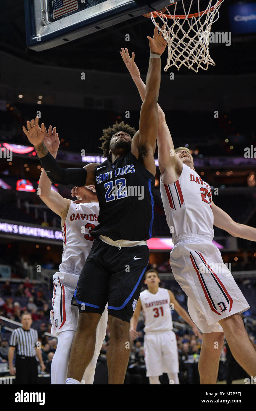 Washington, DC, USA. 9th Mar, 2018. HASAHN FRENCH (22), JON AXEL GUDMUNDSSON (3), and PEYTON ALDRIDGE (23) all reach for the basketball during the quarterfinal game held at Capital One Arena in Washington, DC. Credit: Amy Sanderson/ZUMA Wire/Alamy Live News Stock Photo