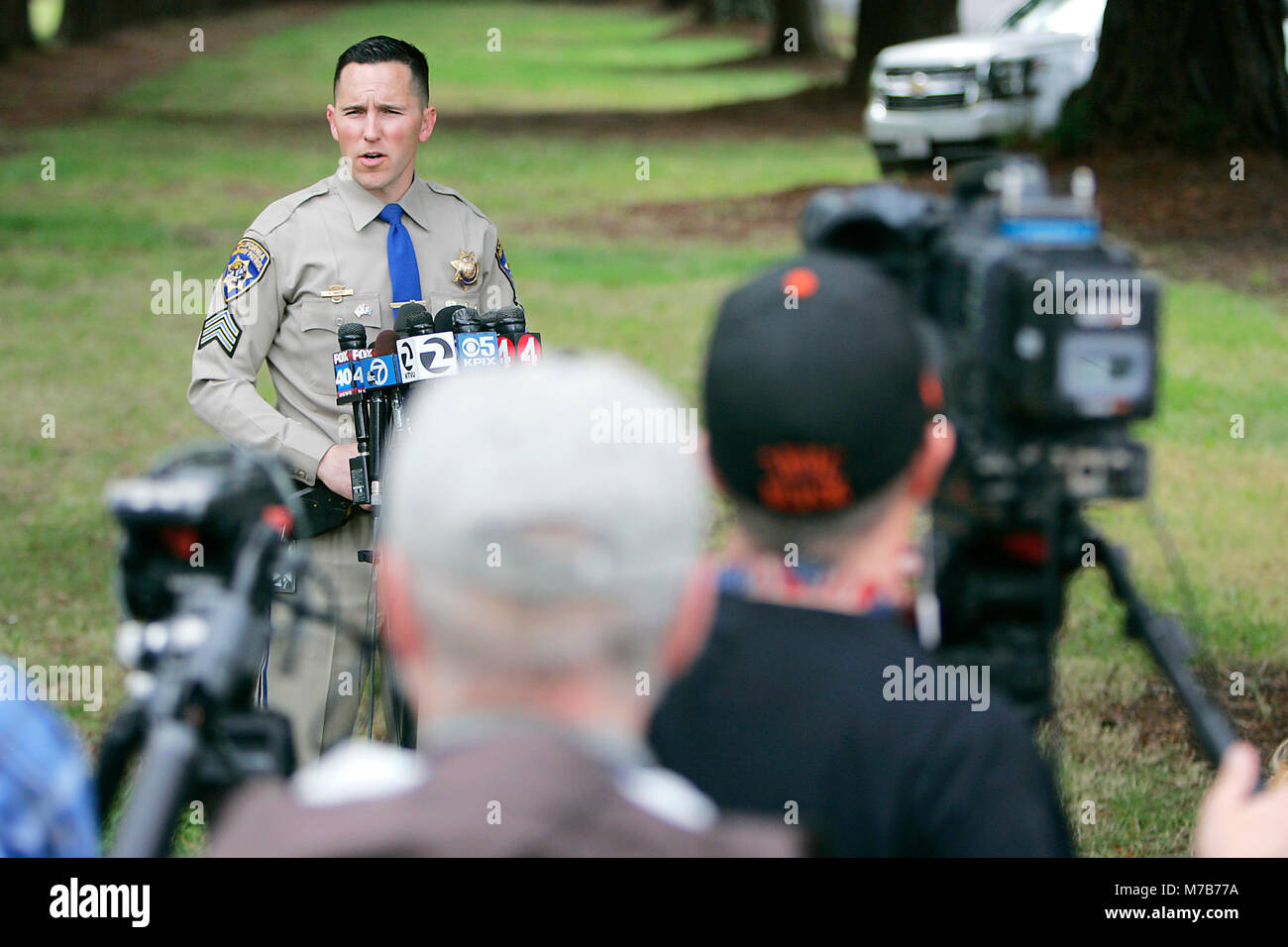 Yountville, California, USA. 9th March, 2018. Sgt. ROBERT NACKE, public information officer for the Golden Gate Division of the California Highway Patrol, addresses the media at a press conference at the California Veterans Home at Yountville on Friday after reports of an active shooter. An armed man was reported on the facility with a rifle and was said to have taken a number of people hostage. Credit: Napa Valley Register/ZUMA Wire/Alamy Live News Credit: ZUMA Press, Inc./Alamy Live News Stock Photo