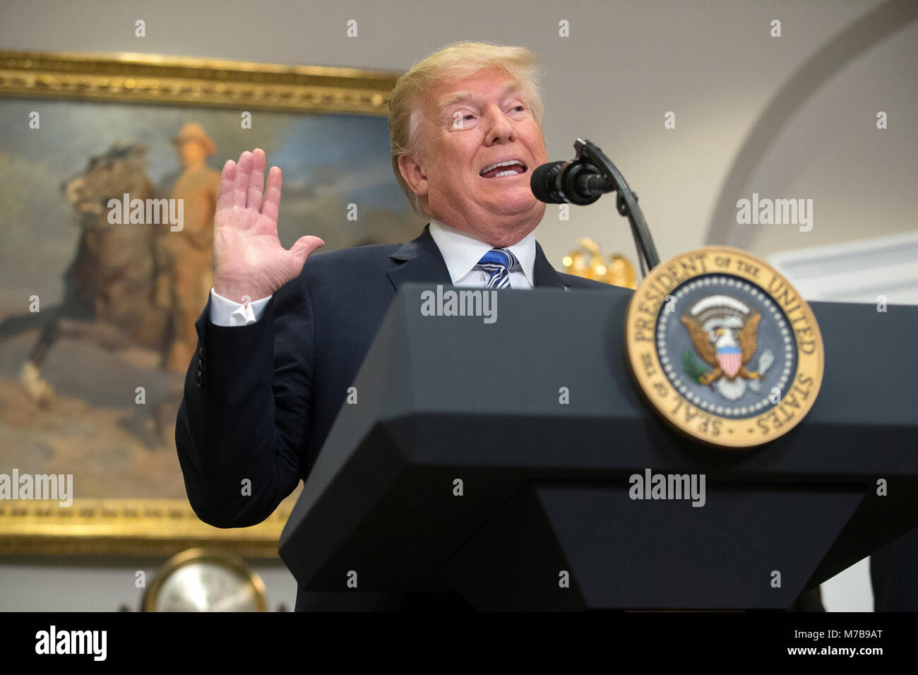 US President Donald J. Trump delivers remarks before signing a presidential proclamation on steel and aluminum tariffs, in the Roosevelt Room of the White House in Washington, DC, USA, 08 March 2018. President Trump is imposing tariffs on steel and aluminum imports. A decision to impose the tariffs on Canada or Mexico will not be decided until negotiations on the North American Free Trade Agreement (NAFTA). Credit: Michael Reynolds/Pool via CNP - NO WIRE SERVICE - Photo: Michael Reynolds/Consolidated News Photos/Michael Reynolds - Pool via CNP Stock Photo