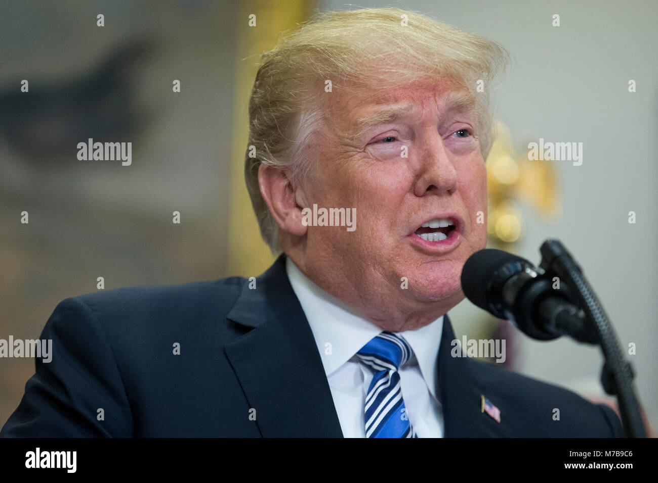 US President Donald J. Trump delivers remarks before signing a presidential proclamation on steel and aluminum tariffs, in the Roosevelt Room of the White House in Washington, DC, USA, 08 March 2018. President Trump is imposing tariffs on steel and aluminum imports. A decision to impose the tariffs on Canada or Mexico will not be decided until negotiations on the North American Free Trade Agreement (NAFTA). Credit: Michael Reynolds/Pool via CNP - NO WIRE SERVICE - Photo: Michael Reynolds/Consolidated News Photos/Michael Reynolds - Pool via CNP Stock Photo