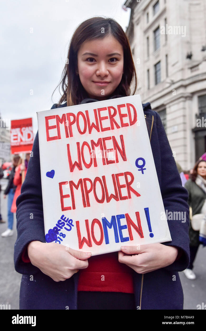 London, UK.  10 March 2018. Katie Leung, actress, joins thousands of women taking part in the annual Million Women Rise march and rally, walking from Oxford Street to Trafalgar Square to protest against male violence towards women.    Credit: Stephen Chung / Alamy Live News Stock Photo