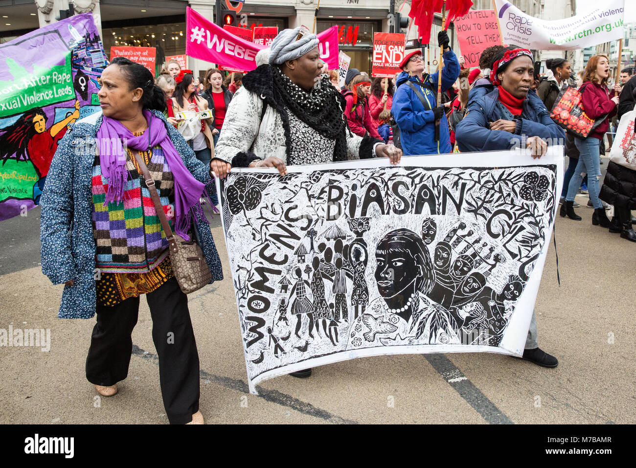 London, UK. 10th March, 2018. Women holding a Women's Biasan Club banner take part in the annual Million Women Rise march through central London against male violence in all its forms. The march takes place on the nearest Saturday to International Women's Day. Credit: Mark Kerrison/Alamy Live News Stock Photo