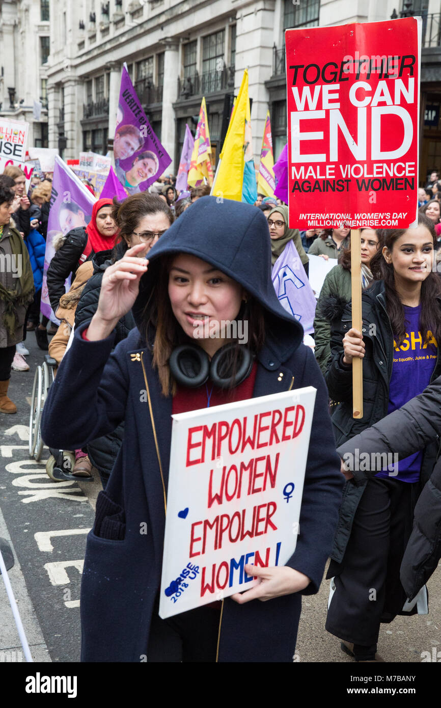 London, UK. 10th March, 2018. Actress Katie Leung takes part in the annual Million Women Rise march through central London against male violence in all its forms. The march takes place on the nearest Saturday to International Women's Day. Credit: Mark Kerrison/Alamy Live News Stock Photo