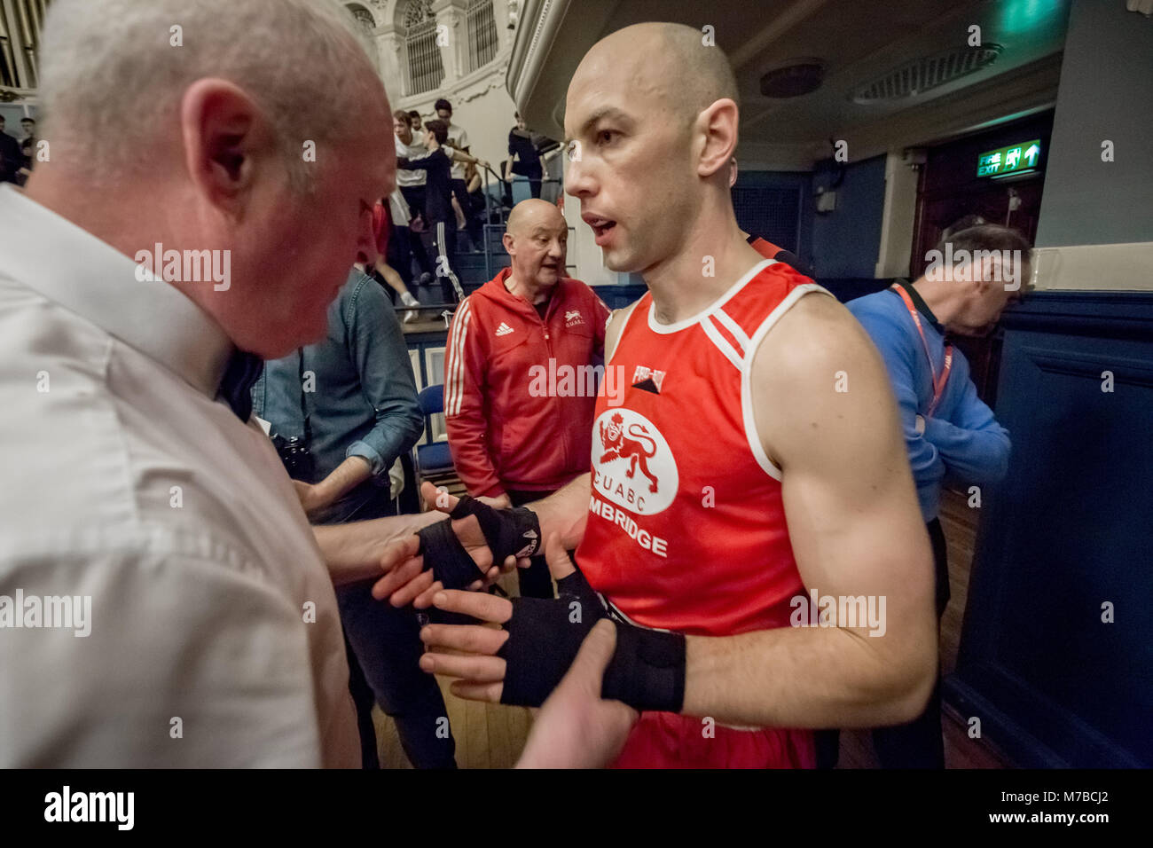 Oxford, UK. 9th March, 2018. Aiden Cope (Red, Cambs) Oxford vs Cambridge. 111th Varsity Boxing Match at Oxford Town Hall. Credit: Guy Corbishley/Alamy Stock Photo - Alamy