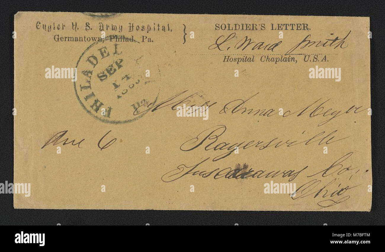 Civil War envelope with message 'Soldier's letter' from Cuyler U.S. Army Hospital, Germantown, Philadelphia, Pennsylvania, signed by L. Ward Smith, Hospital Chaplain LCCN2011648579 Stock Photo