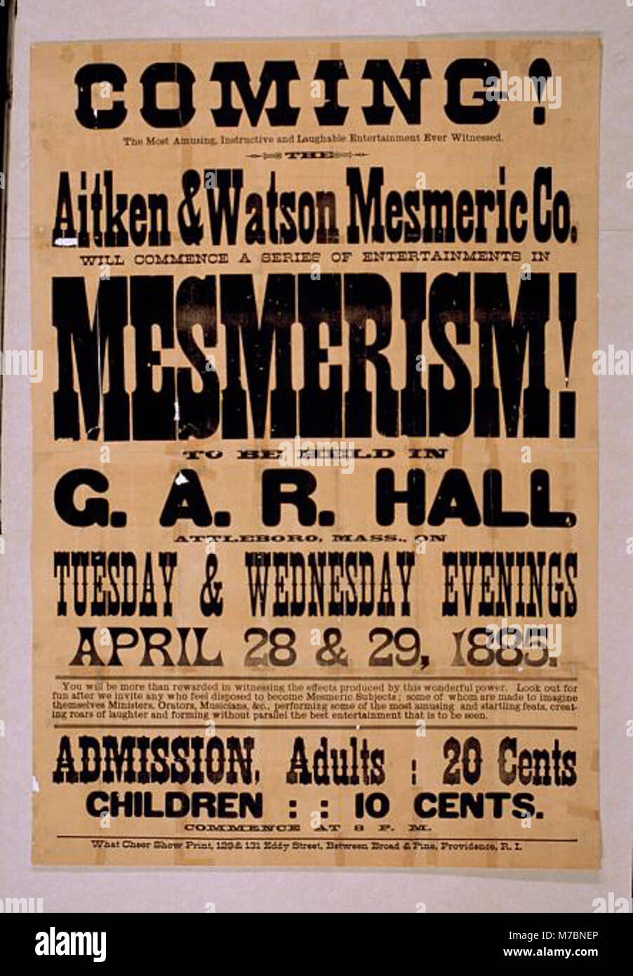 Coming! Aitken & Watson Mesmeric Co. will commence a series of entertainments in mesmerism! to be held in G.A.R. Hall, Attleboro, Mass. on Tuesday & Wednesday evenings, April 28 & 29, 1885. LCCN2014636875 Stock Photo