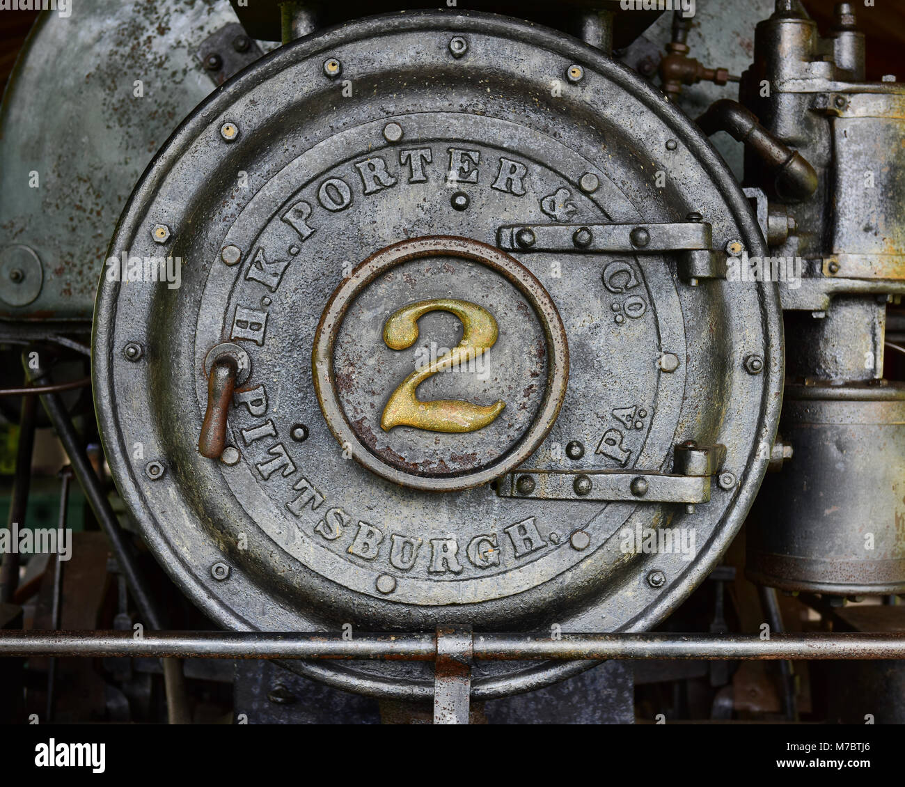 Details of the front end of H K Porter & Co. steam engine #2 on display at the the Adirondack Museum in Blue Mountain Lake, NY USA Stock Photo