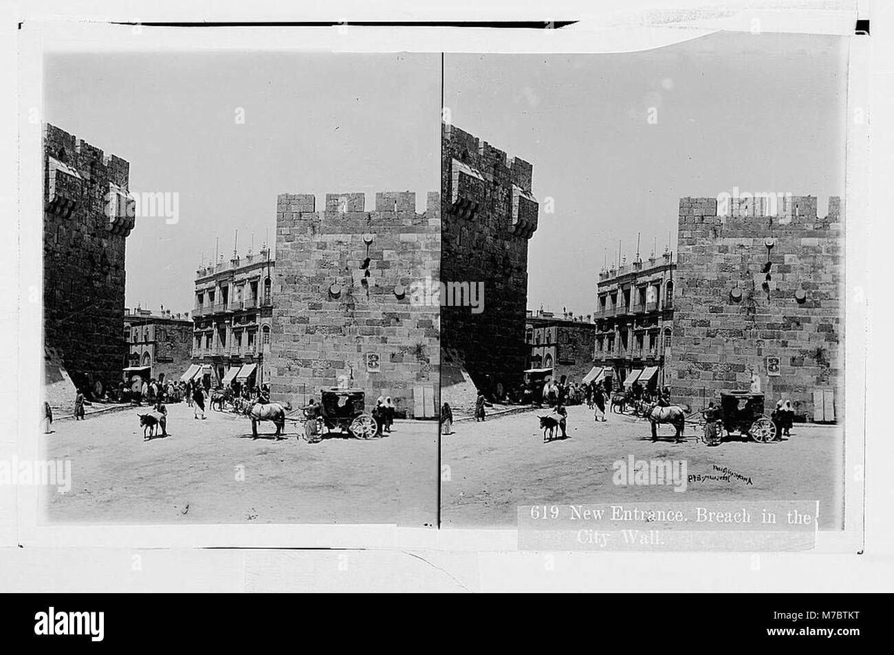 This image shows a new entrance through a breach in the city wall of Jerusalem, an important feature of the city's historic architecture. Cataloged under LOC matpc.04925. Stock Photo