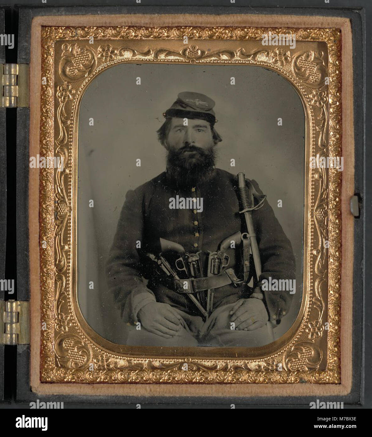 A. J. Blue, cavalry soldier in Union shell jacket and bummer cap with ...
