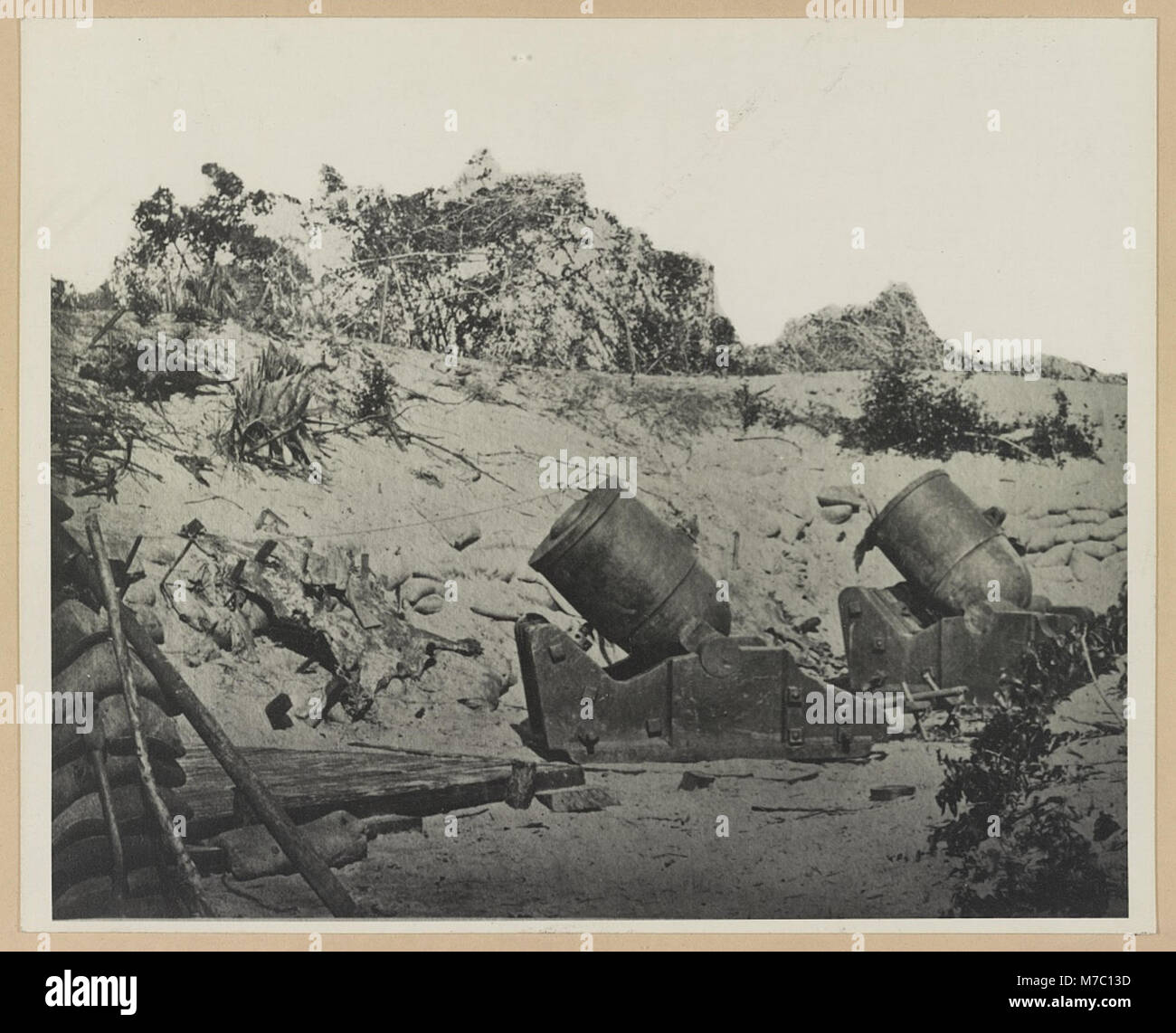 Two trench mortars behind sandbagged barricade LCCN2012646295 Stock Photo
