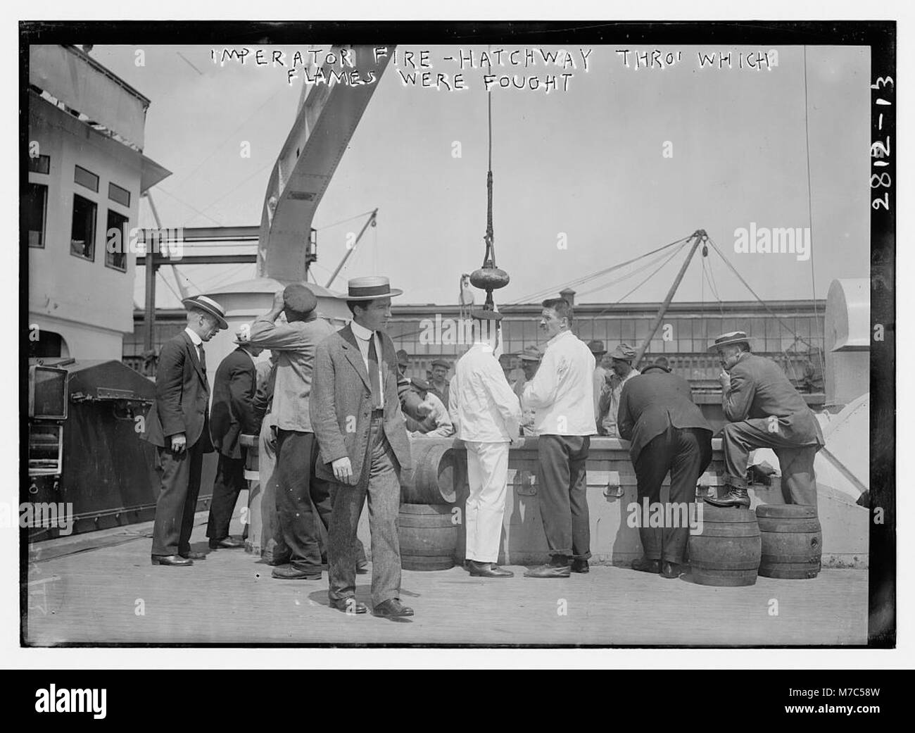 Image showing the fire-hatchway on the ship Imperator, through which flames were fought during a fire. The photograph depicts the ship's response to the emergency. Stock Photo
