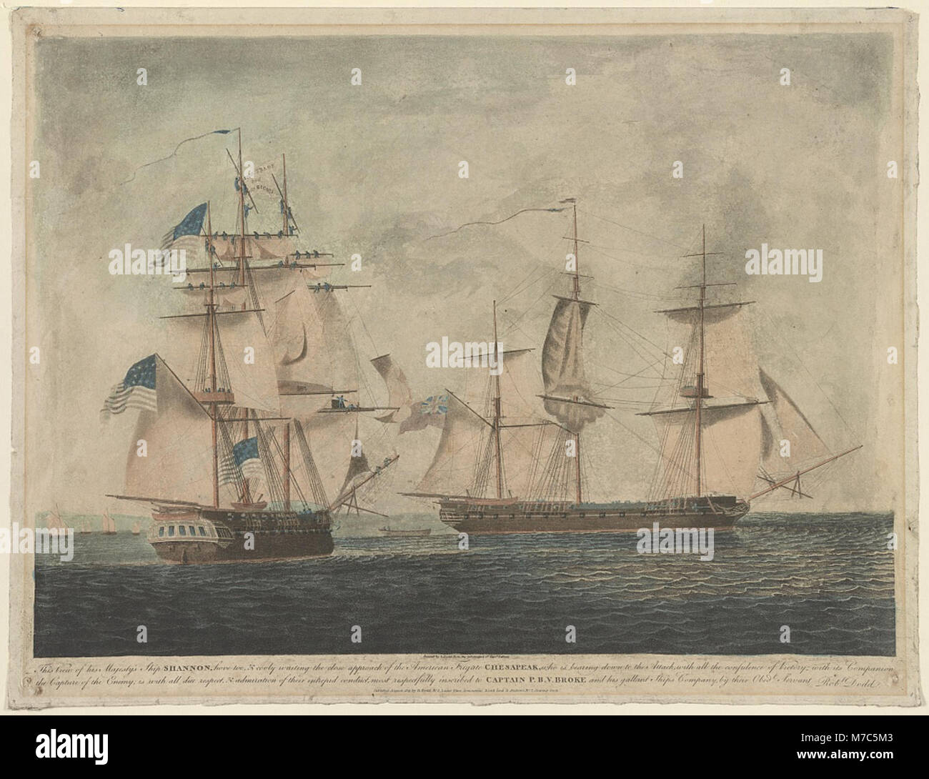 This view of his majesty's ship Shannon, hove too, & cooly waiting the close approach of the American frigate Chesapeak, ... - painted by R. Dodd from the information of Captn. Falkinir. LCCN98519184 Stock Photo