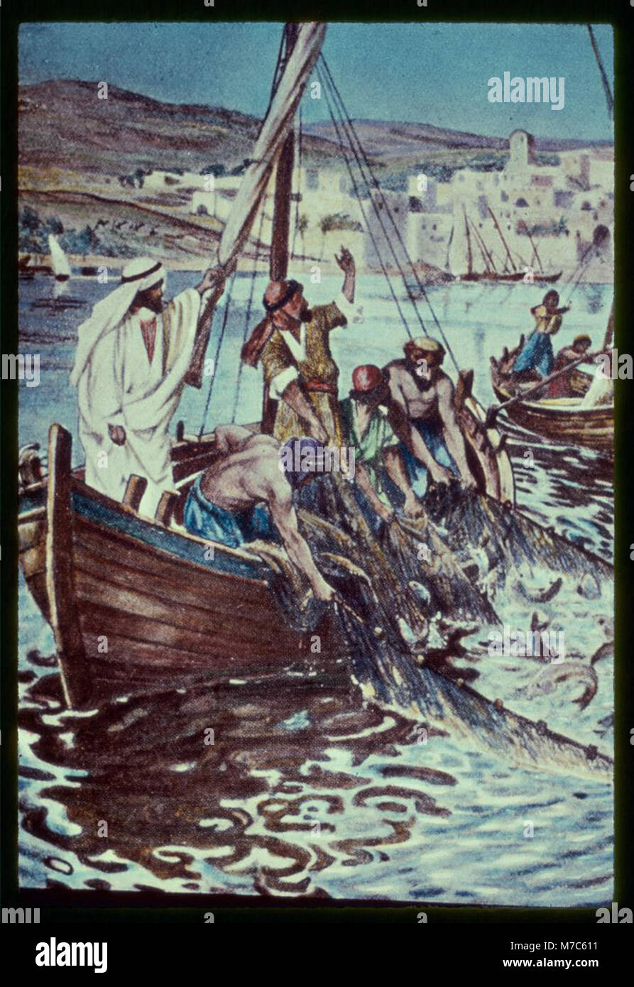 Luke 5-4-7. The preaching ended, Jesus commendeth Simon Peter to let down his net in deep water, which being done, a great multitude of fishes is enclosed LOC matpc.23130 Stock Photo