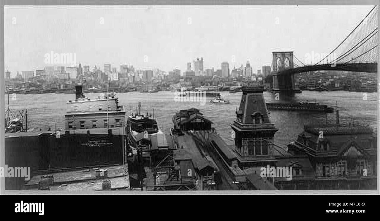 A photograph of New York City's skyline, featuring the iconic buildings and a bridge on the right side of the image. The photo captures the urban landscape and architectural features of the city. Stock Photo