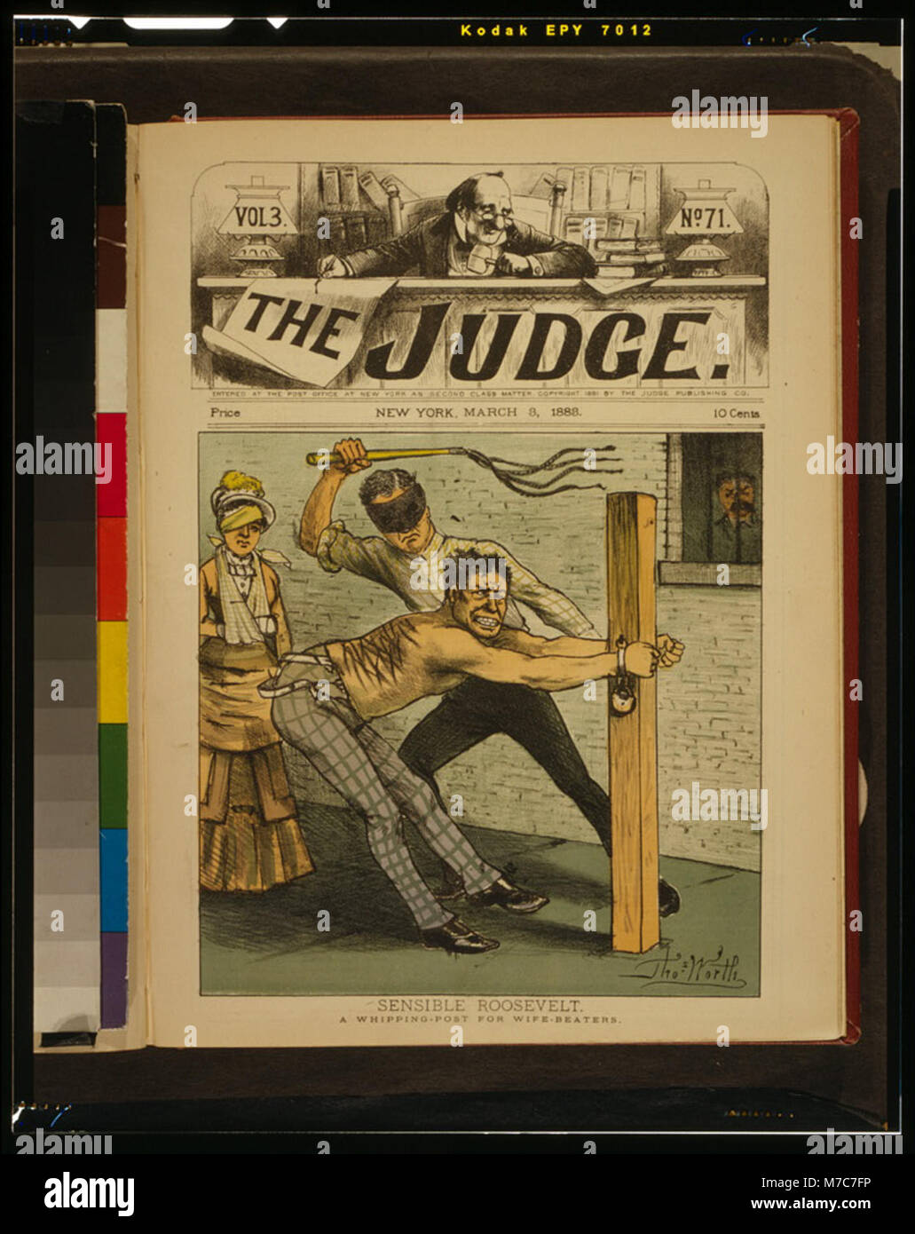 Political cartoon featuring Theodore Roosevelt as a champion against domestic violence, symbolized by a whipping post for wife-beaters. This image reflects Roosevelt's progressive stance on social reform. Stock Photo