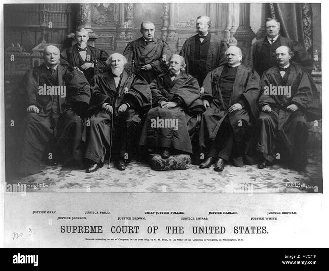 This historical photograph shows the justices of the U.S. Supreme Court in 1894, including Justices Gray, Jackson, Field, Shiras, Harlan, Brewer, White, and Chief Justice Fuller. The image captures a pivotal moment in American legal history. Stock Photo