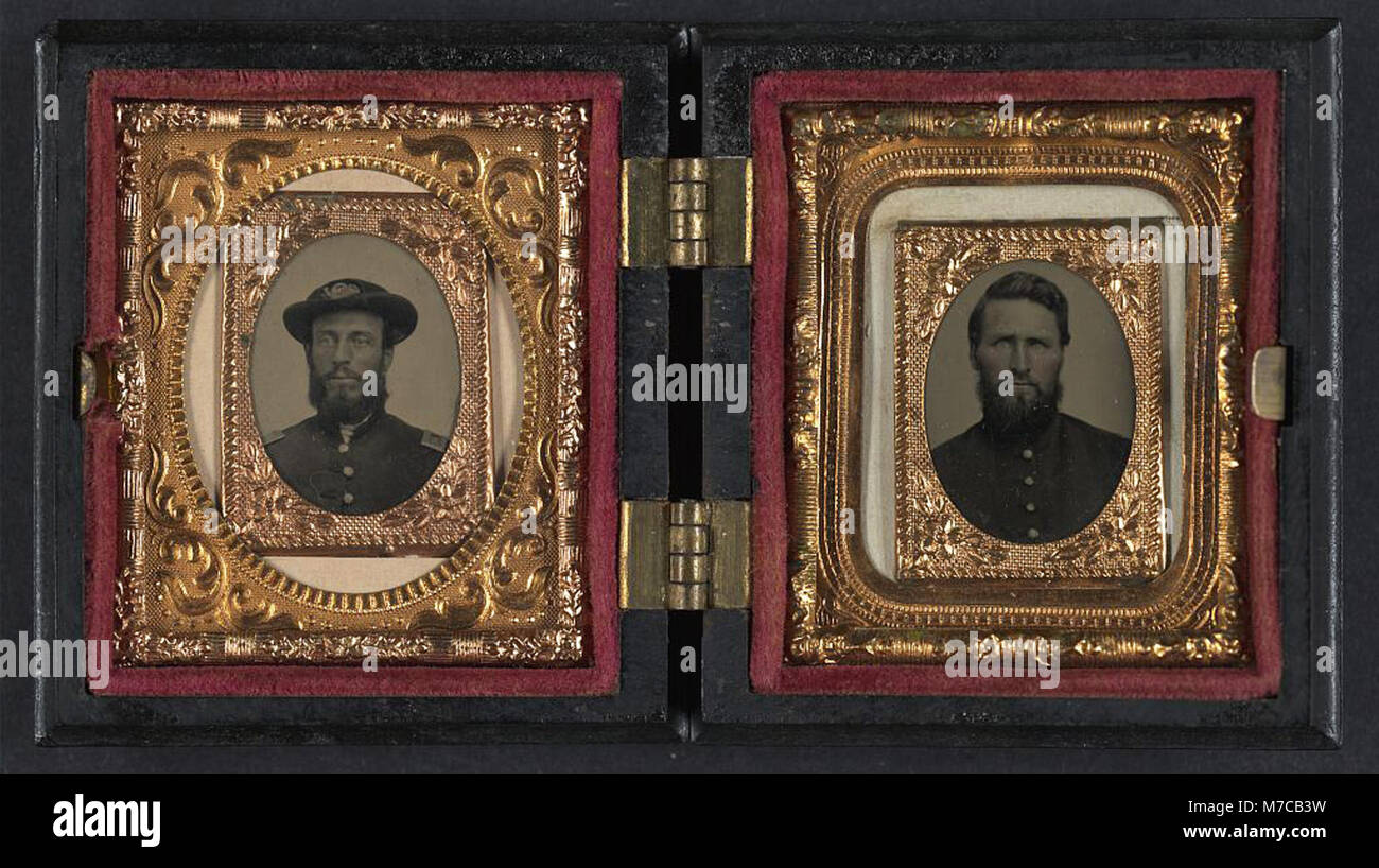 A historical photograph of two unidentified soldiers wearing Union ...