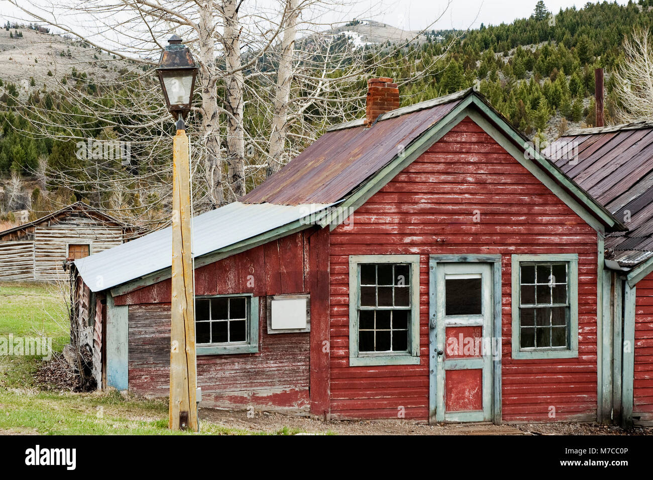 Abandoned houses in a ghost town, Old Trail Town, Cody, Wyoming, USA Stock Photo