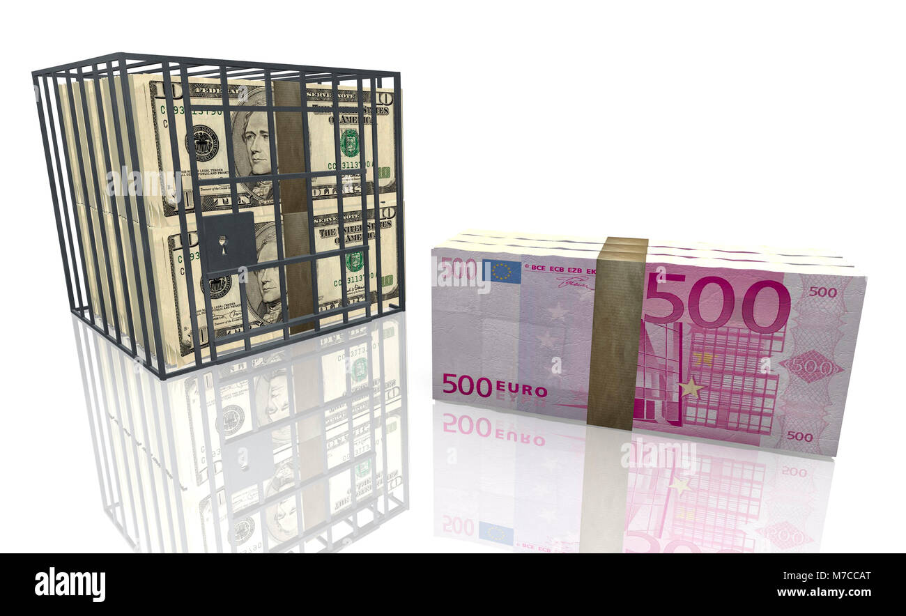 Bundle of five hundred Euro bank notes next to American dollar bills in a  cage Stock Photo - Alamy