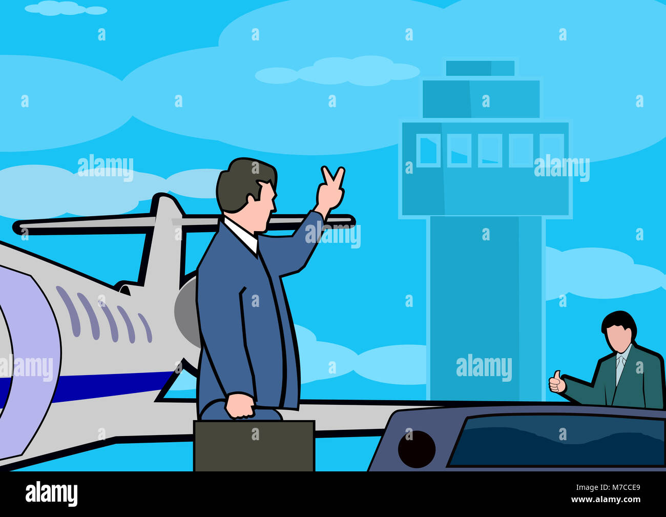 Businessman boarding a plane waving goodbye Stock Photo
