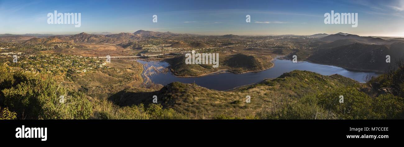 Scenic Aerial Panoramic Landscape View Lake Hodges Eastern San Diego County North Inland from summit of Bernardo Mountain Peak in Poway California Stock Photo