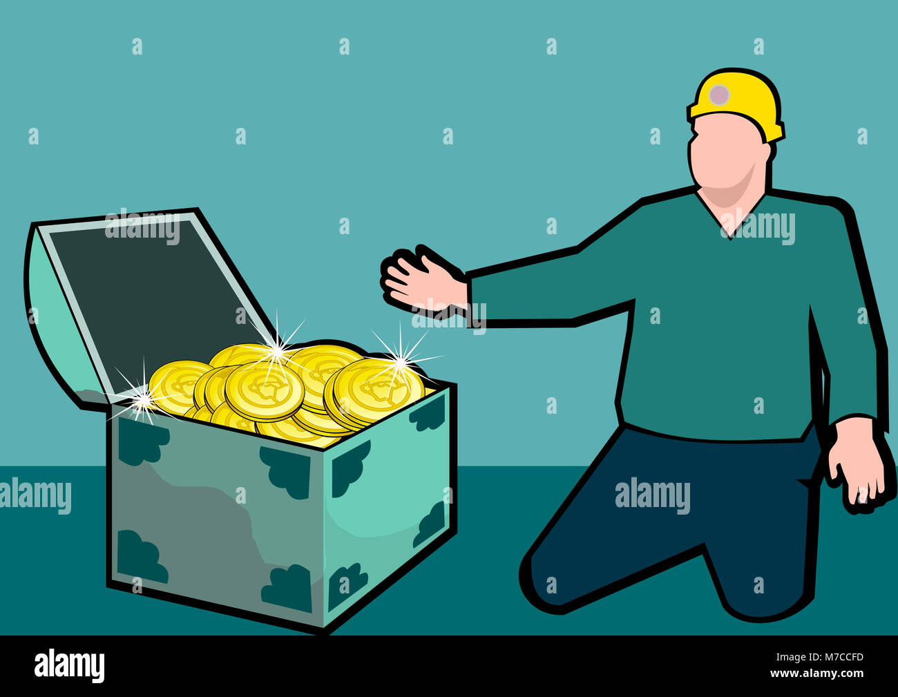 Man kneeling in front of an open chest with gold coins Stock Photo Alamy