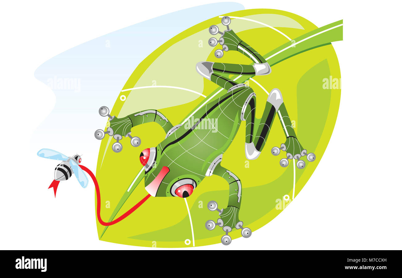 Close-up of a robot frog catching a fly Stock Photo