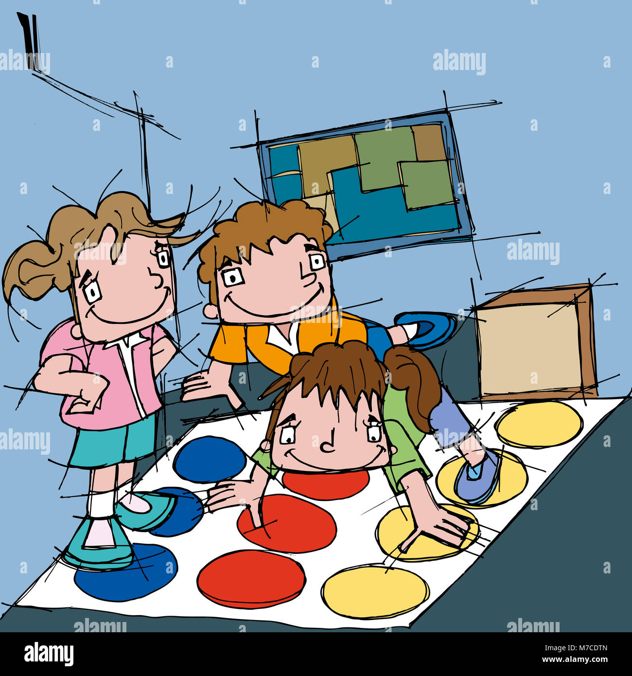 Three children playing connect the dots Stock Photo