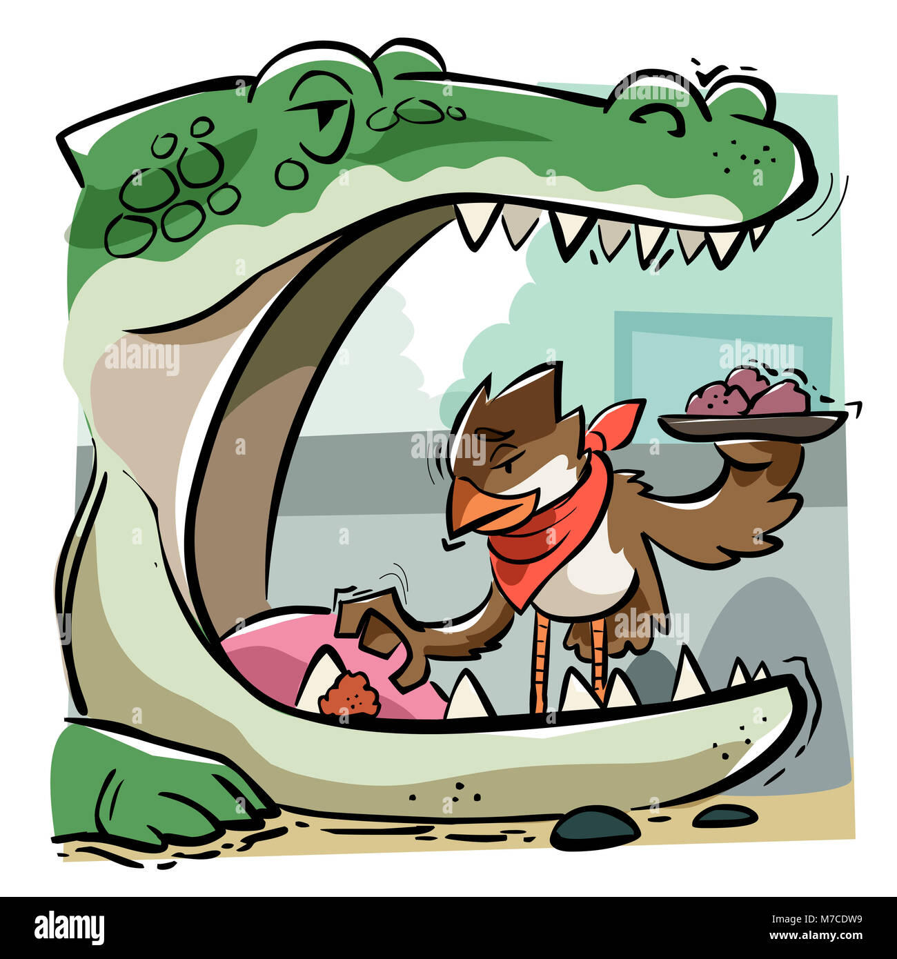 Closeup of a bird taking out food from a crocodile's mouth Stock Photo