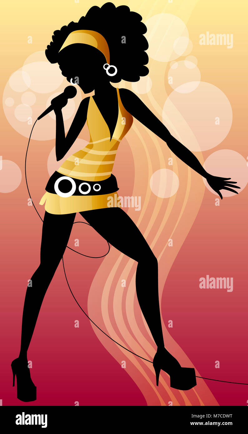 Woman holding a microphone and dancing Stock Photo