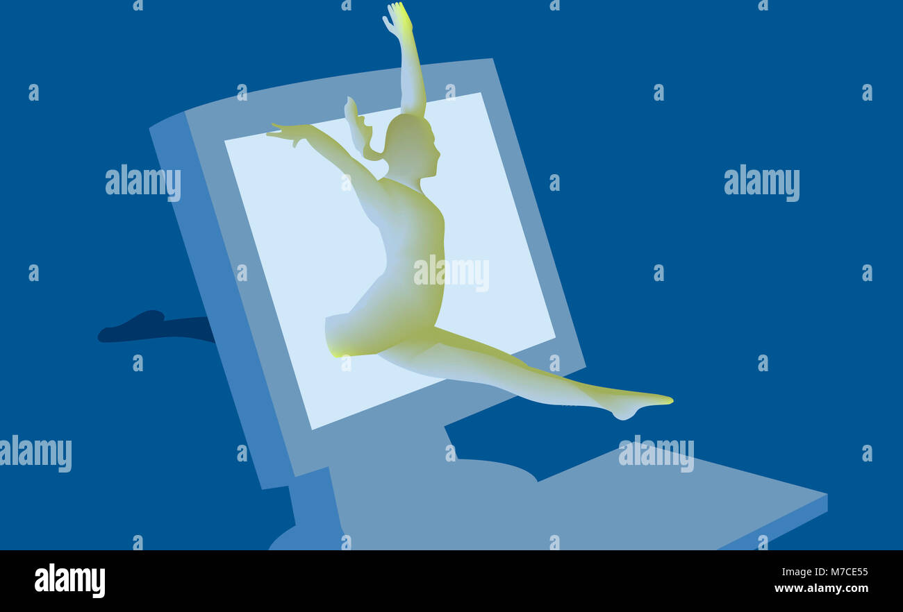 Jump Out From Computer Woman leaping out of a computer screen Stock Photo - Alamy
