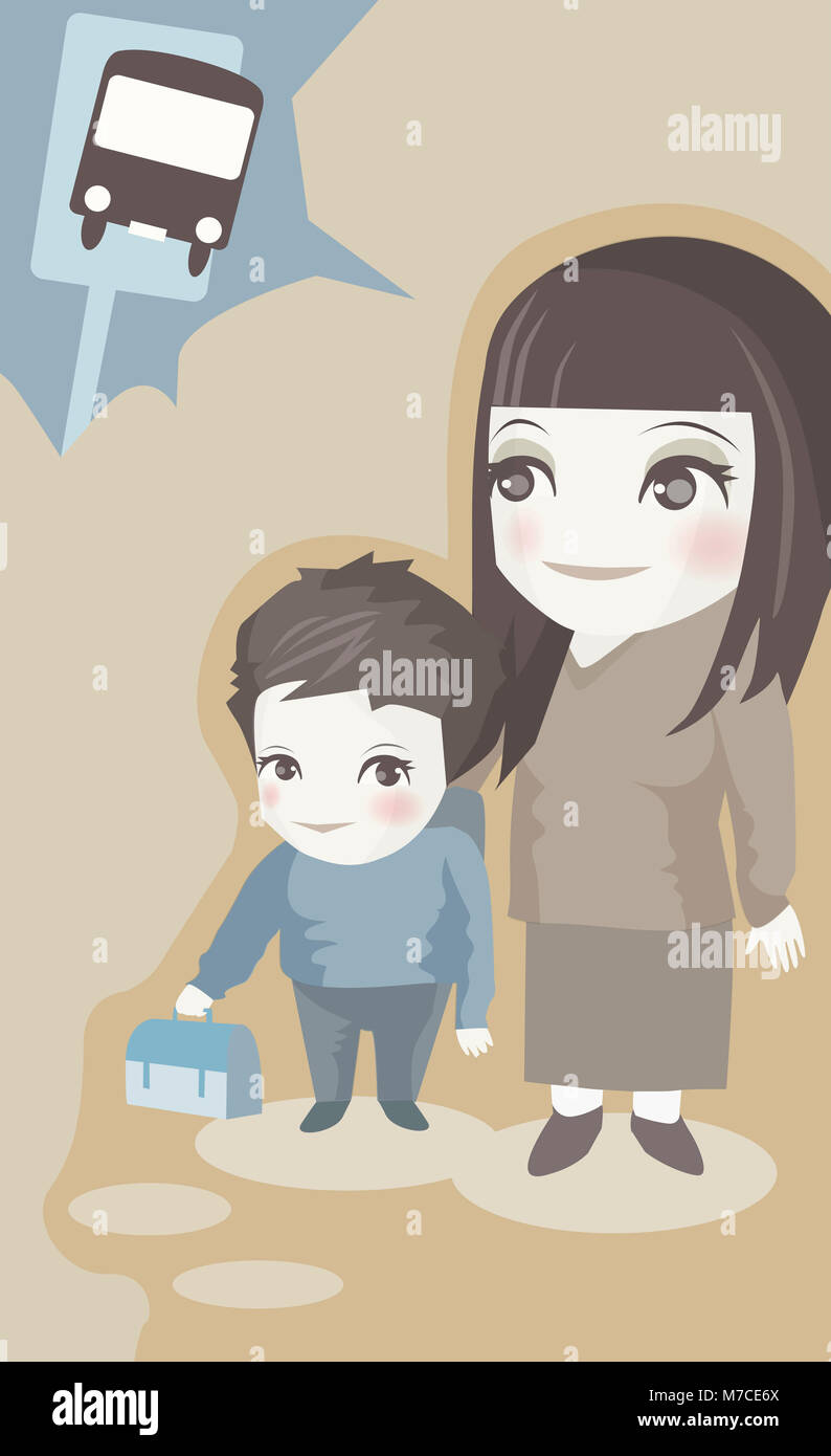 Mother and her son waiting for a school bus Stock Photo