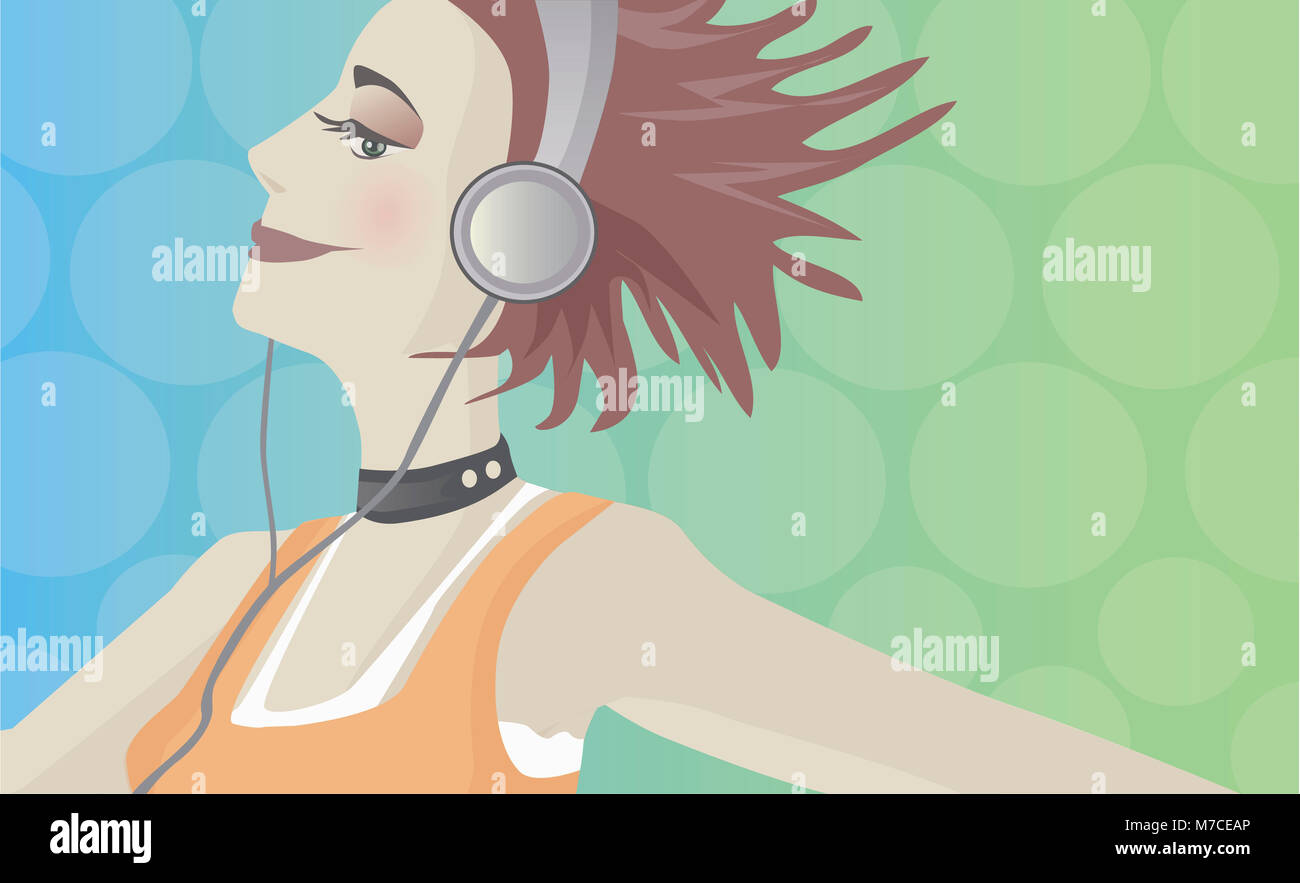 Side profile of a woman wearing headphones hi-res stock