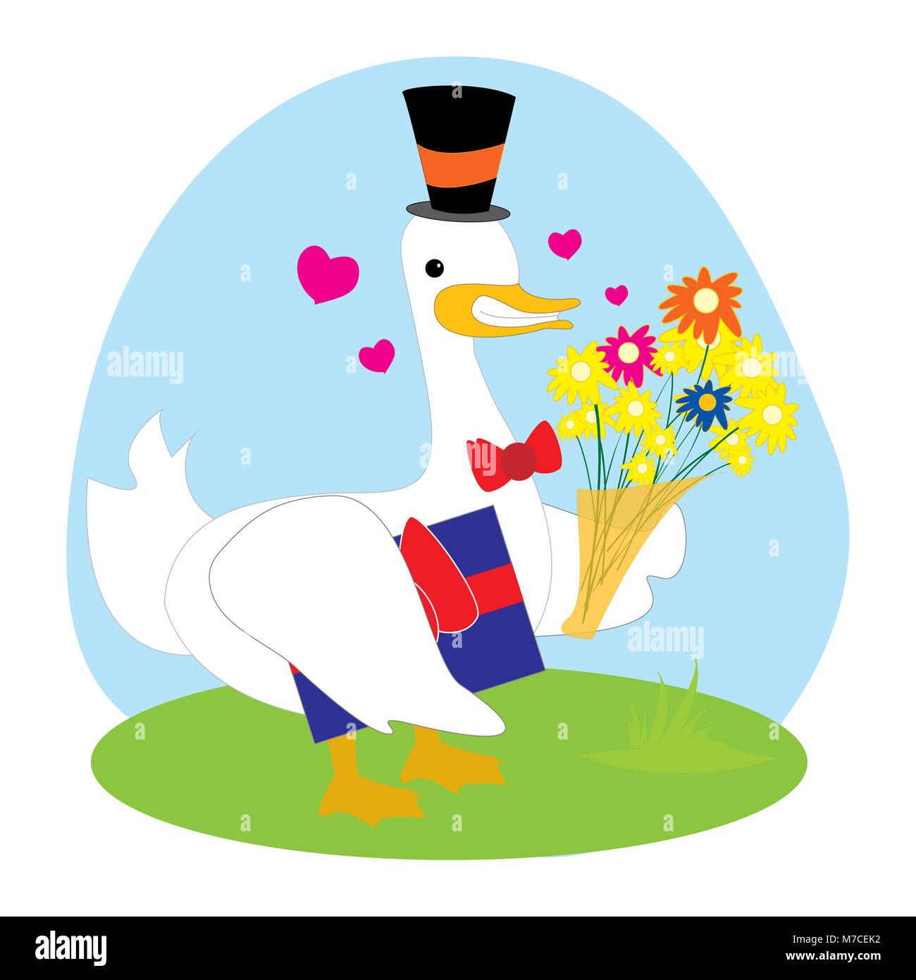 https://c8.alamy.com/comp/M7CEK2/duck-holding-a-gift-and-a-bouquet-M7CEK2.jpg
