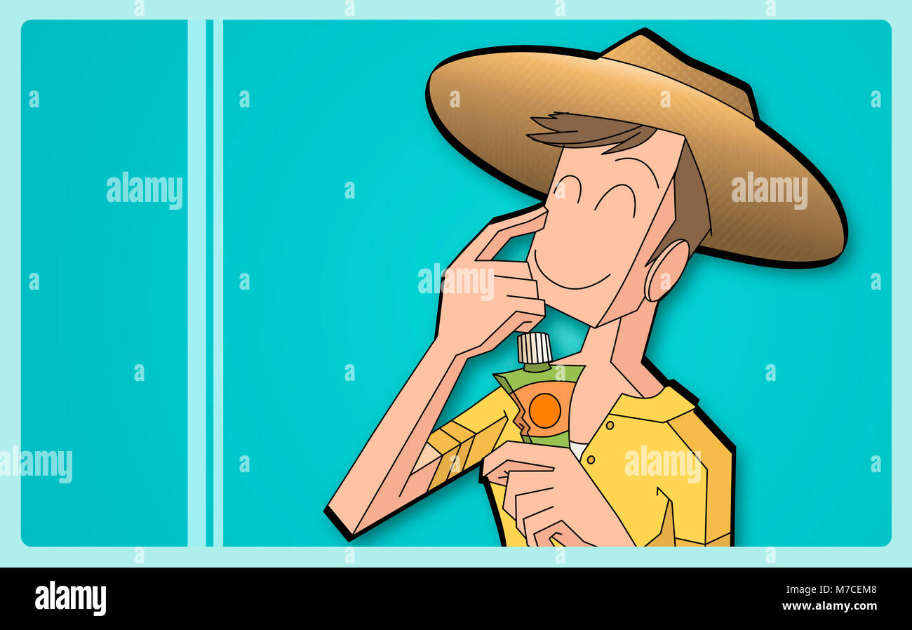 Close up of a boy applying suntan lotion on his face hi-res stock