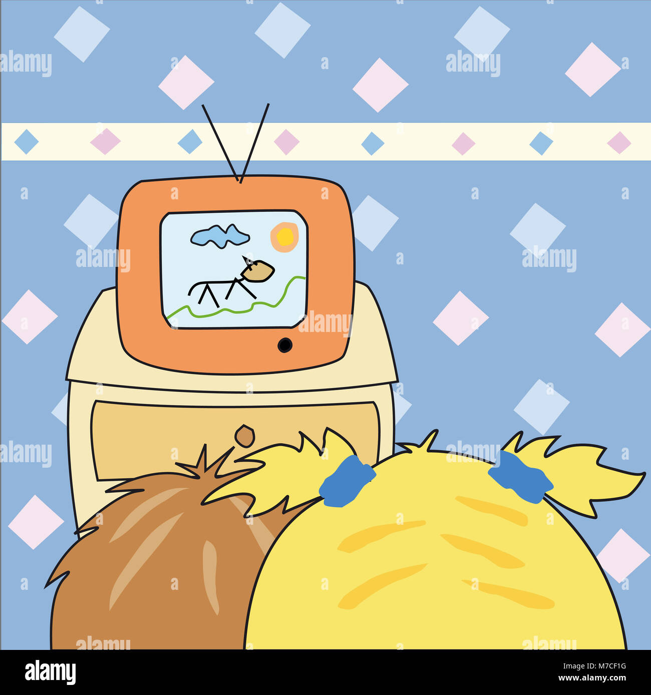 Boy and a girl watching a television Stock Photo