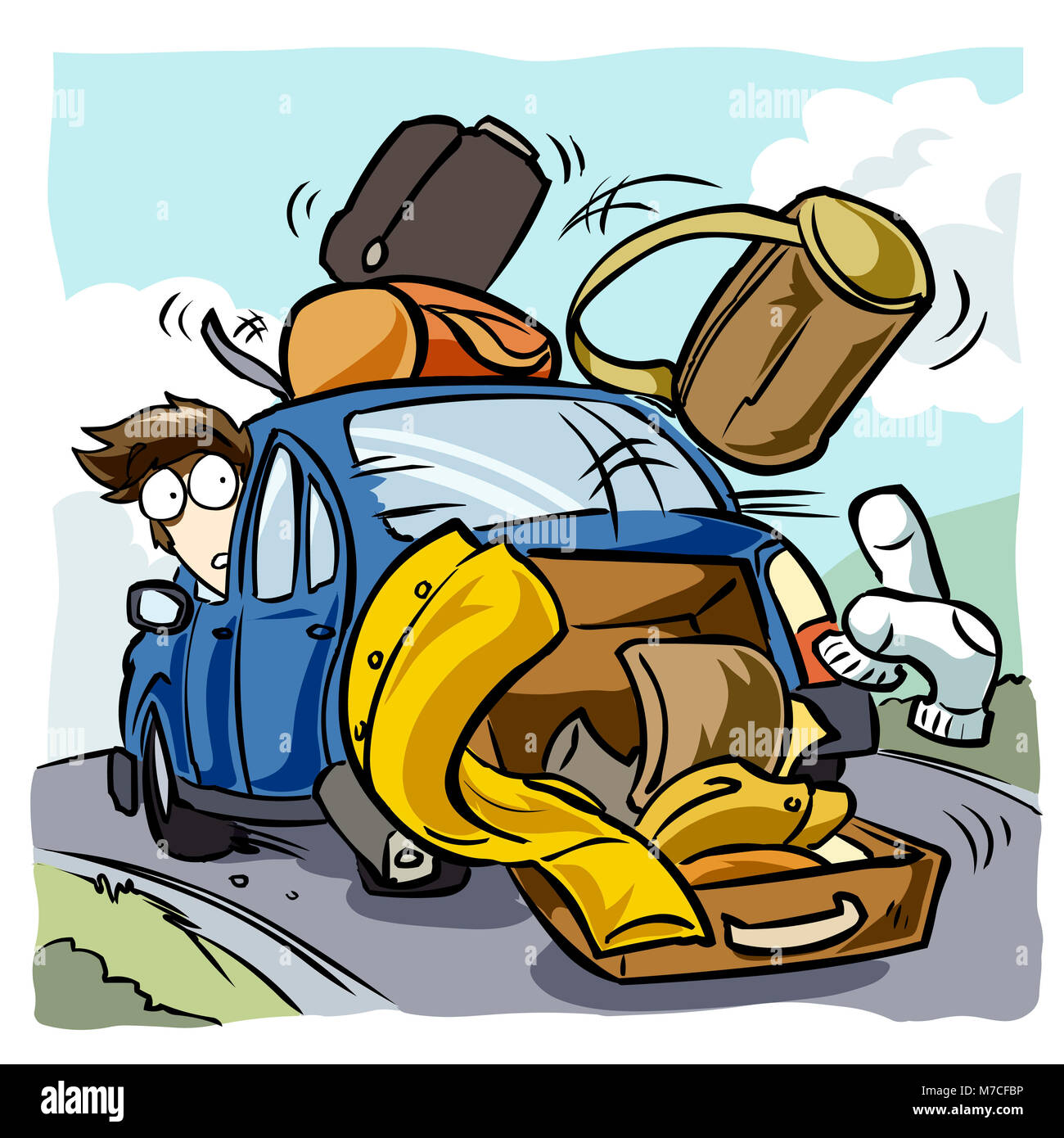 Man looking back at his luggage falling from his car Stock Photo - Alamy