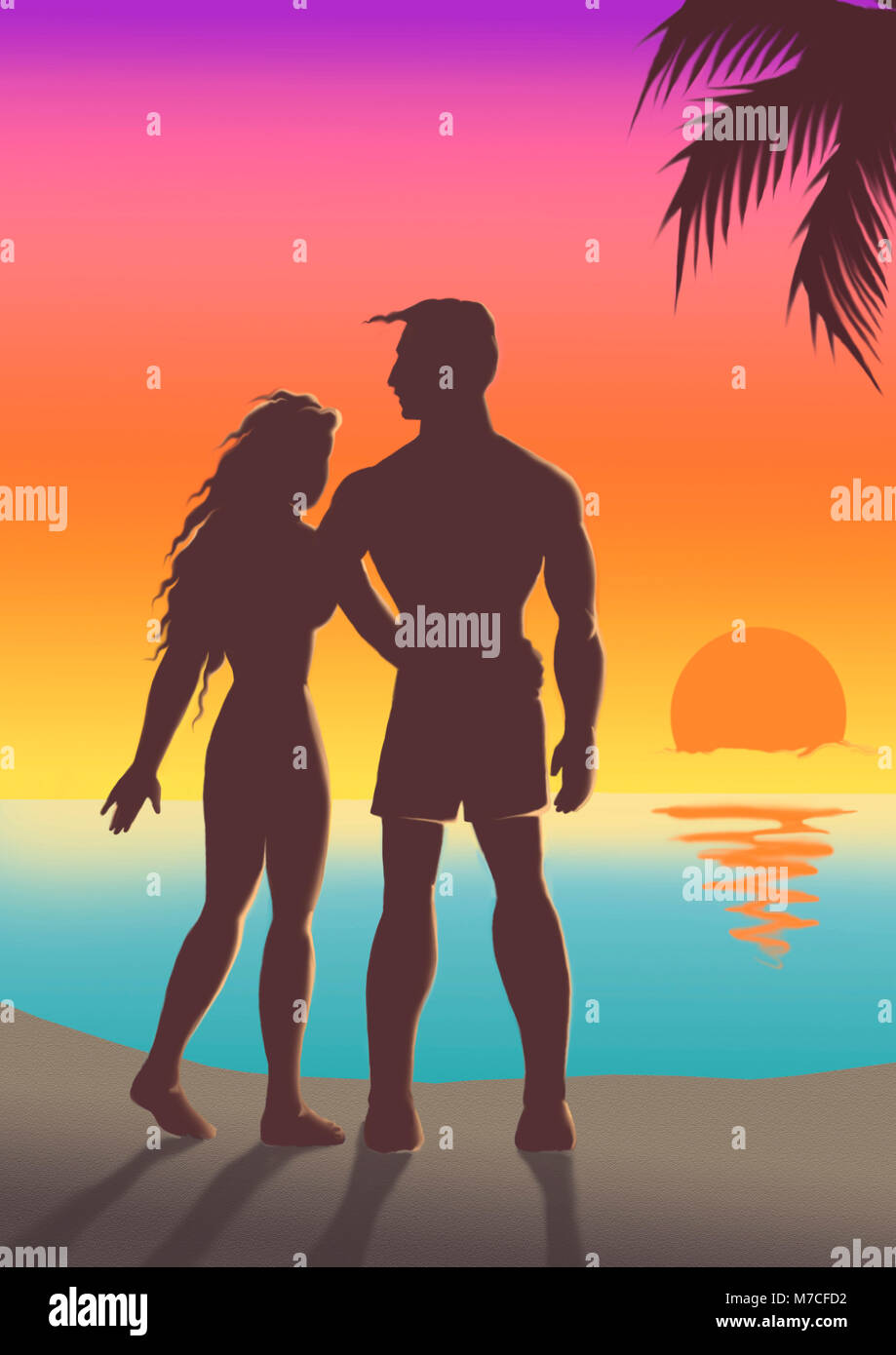 Silhouette of a couple standing on the beach Stock Photo - Alamy