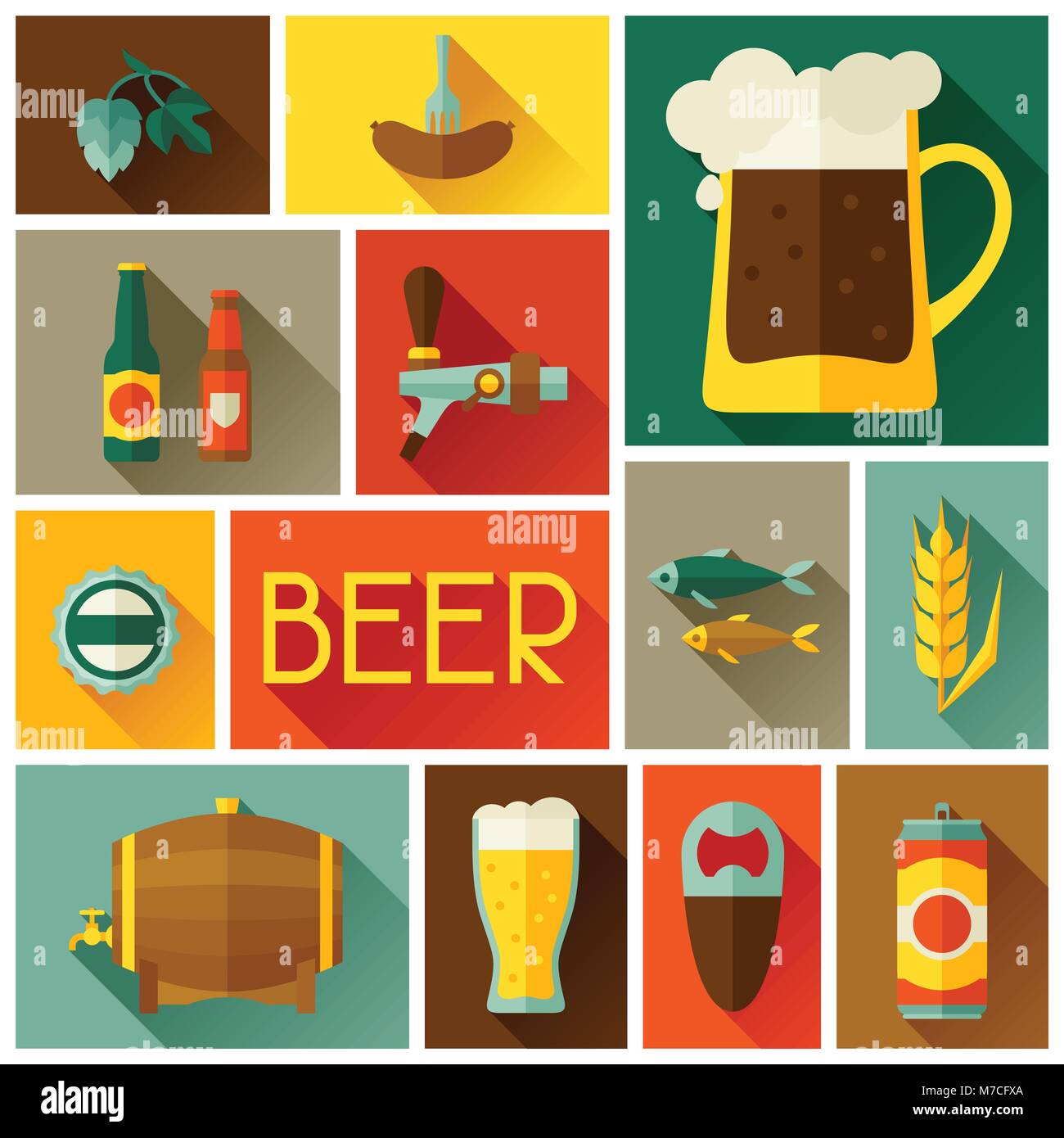 Background with beer icons and objects in flat style Stock Vector Image ...