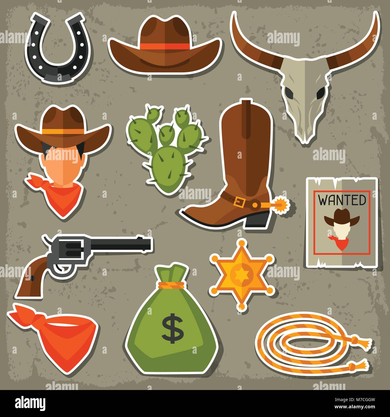 Wild west cowboy objects and stickers set Stock Vector